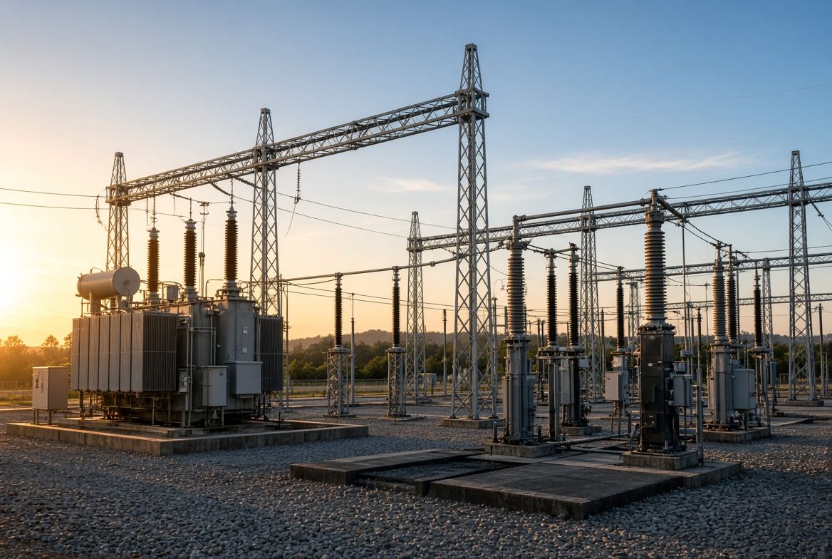 Substation equipment at dusk